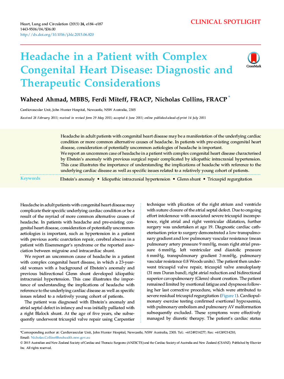 Headache in a Patient with Complex Congenital Heart Disease: Diagnostic and Therapeutic Considerations