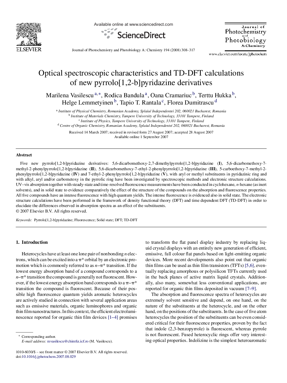 Optical spectroscopic characteristics and TD-DFT calculations of new pyrrolo[1,2-b]pyridazine derivatives