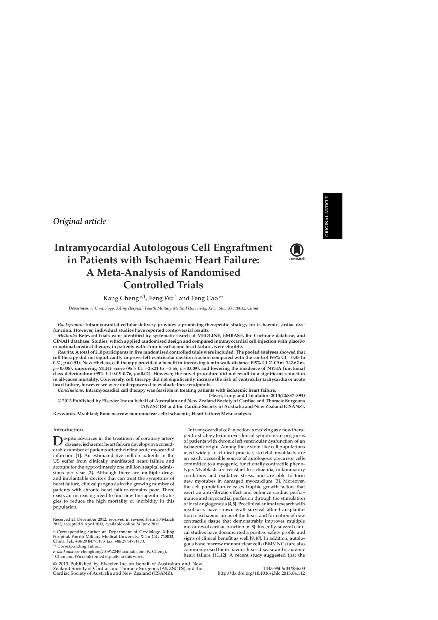 Intramyocardial Autologous Cell Engraftment in Patients with Ischaemic Heart Failure: A Meta-Analysis of Randomised Controlled Trials