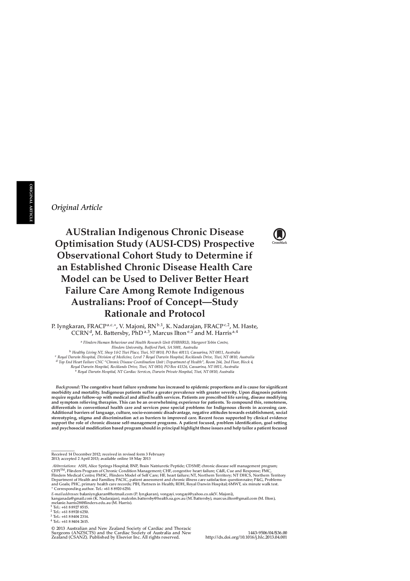 AUStralian Indigenous Chronic Disease Optimisation Study (AUSI-CDS) Prospective Observational Cohort Study to Determine if an Established Chronic Disease Health Care Model can be Used to Deliver Better Heart Failure Care Among Remote Indigenous Australian