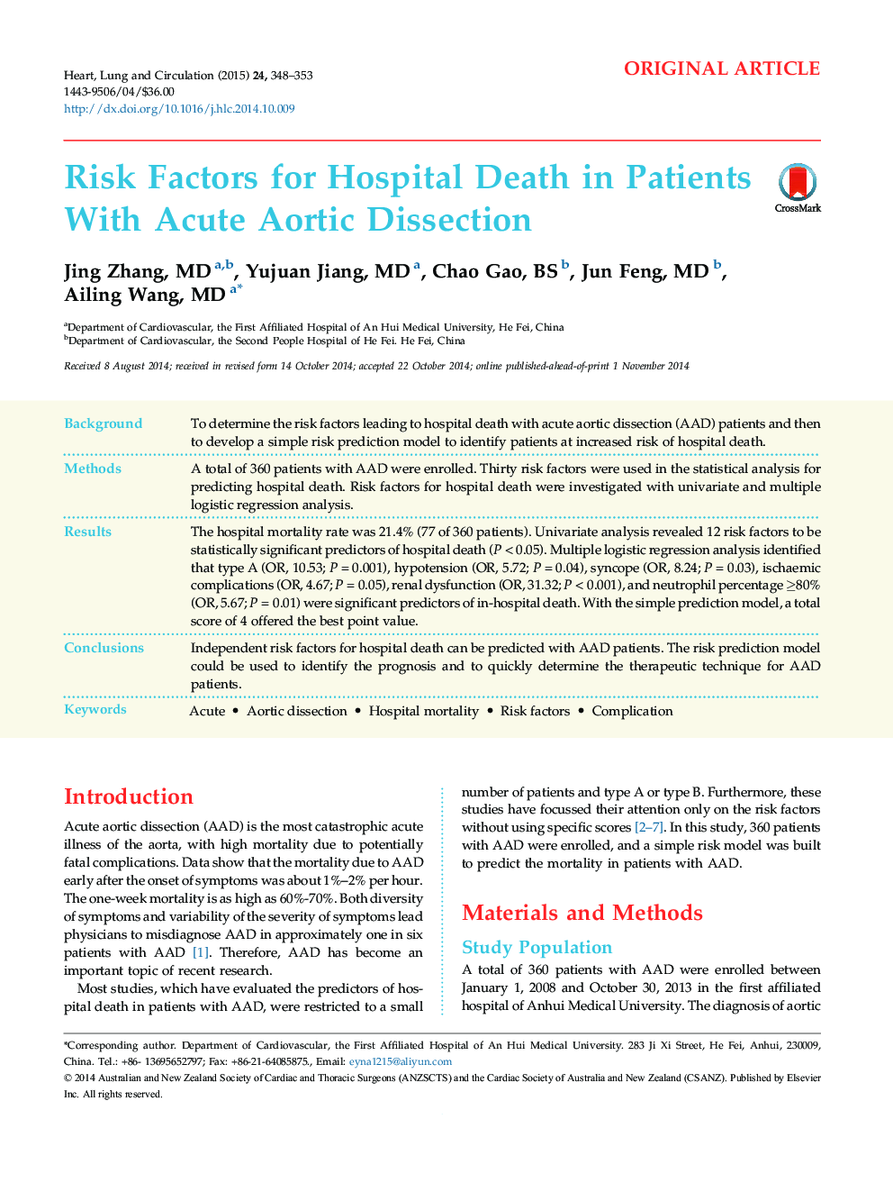 Risk Factors for Hospital Death in Patients With Acute Aortic Dissection
