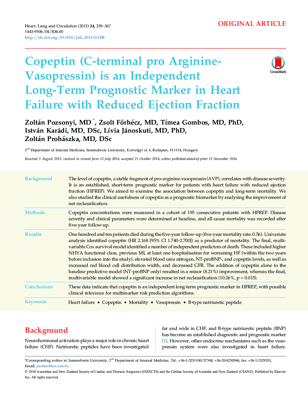 Copeptin (C-terminal pro Arginine-Vasopressin) is an Independent Long-Term Prognostic Marker in Heart Failure with Reduced Ejection Fraction