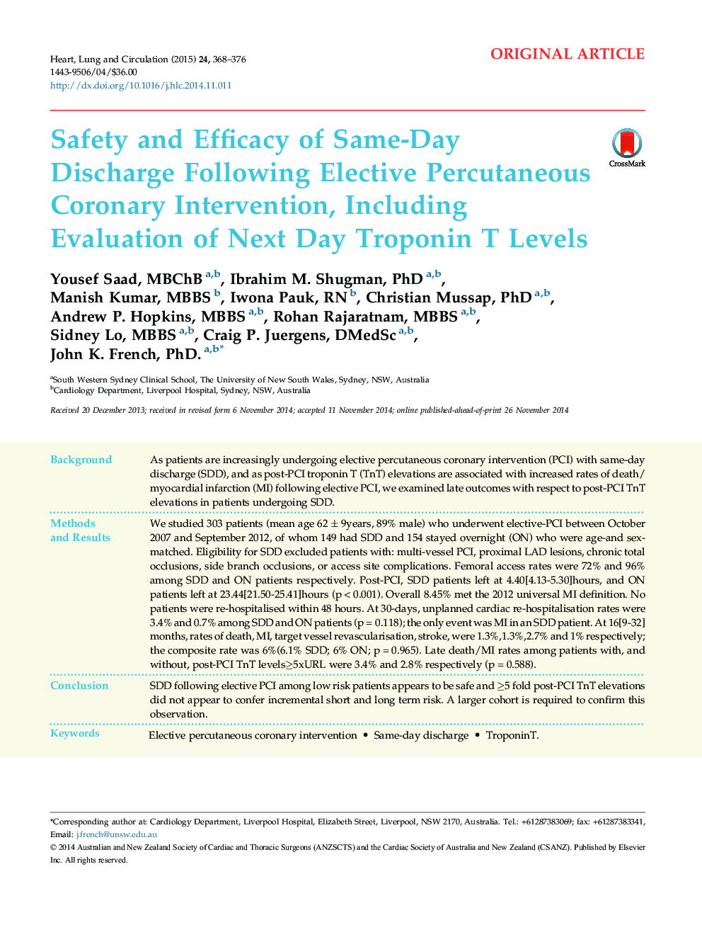 Safety and Efficacy of Same-Day Discharge Following Elective Percutaneous Coronary Intervention, Including Evaluation of Next Day Troponin T Levels
