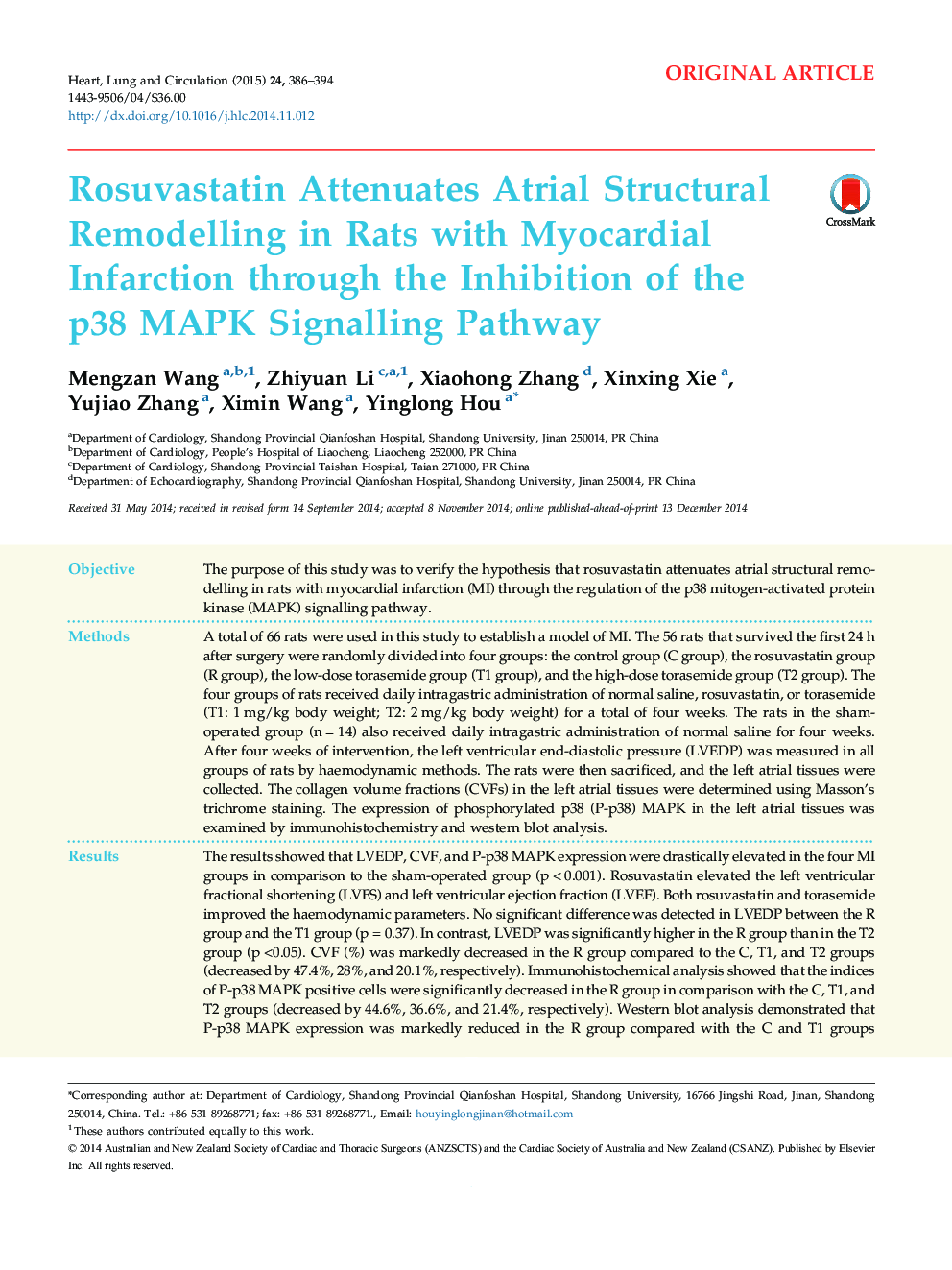 Rosuvastatin Attenuates Atrial Structural Remodelling in Rats with Myocardial Infarction through the Inhibition of the p38 MAPK Signalling Pathway