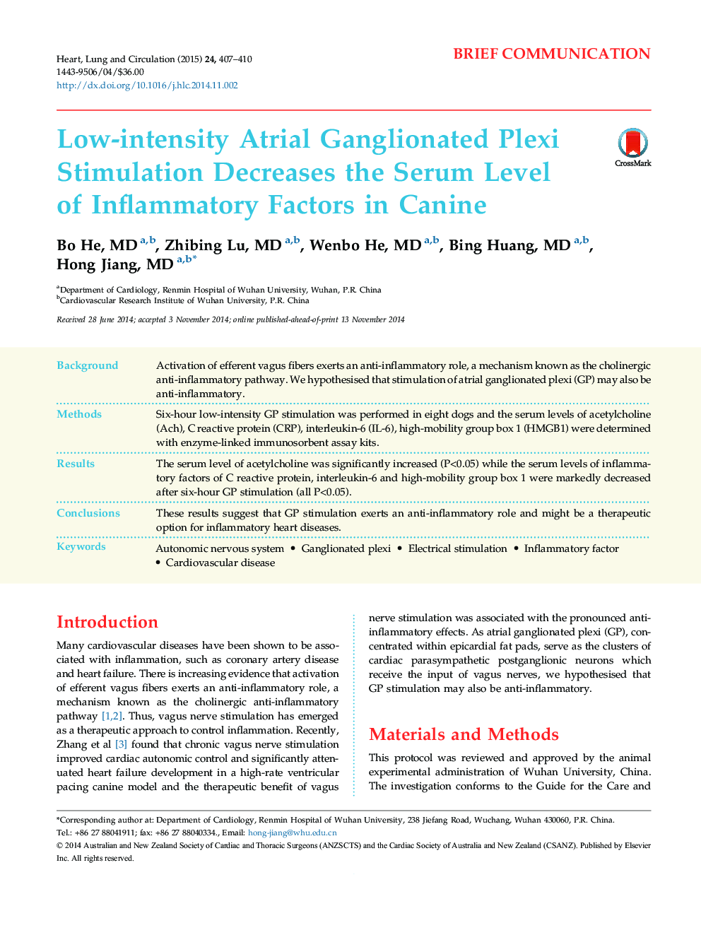 Low-intensity Atrial Ganglionated Plexi Stimulation Decreases the Serum Level of Inflammatory Factors in Canine