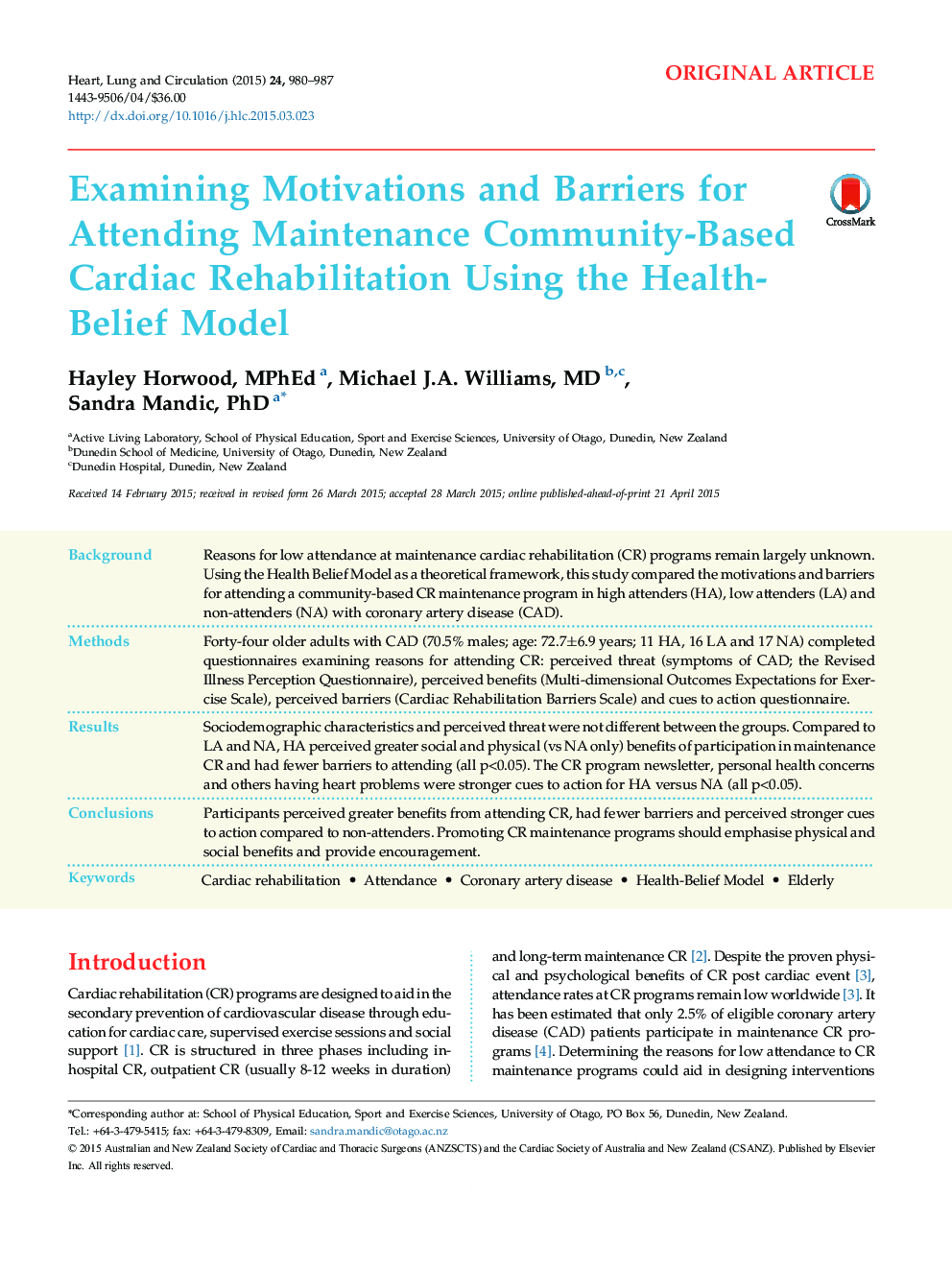Examining Motivations and Barriers for Attending Maintenance Community-Based Cardiac Rehabilitation Using the Health-Belief Model