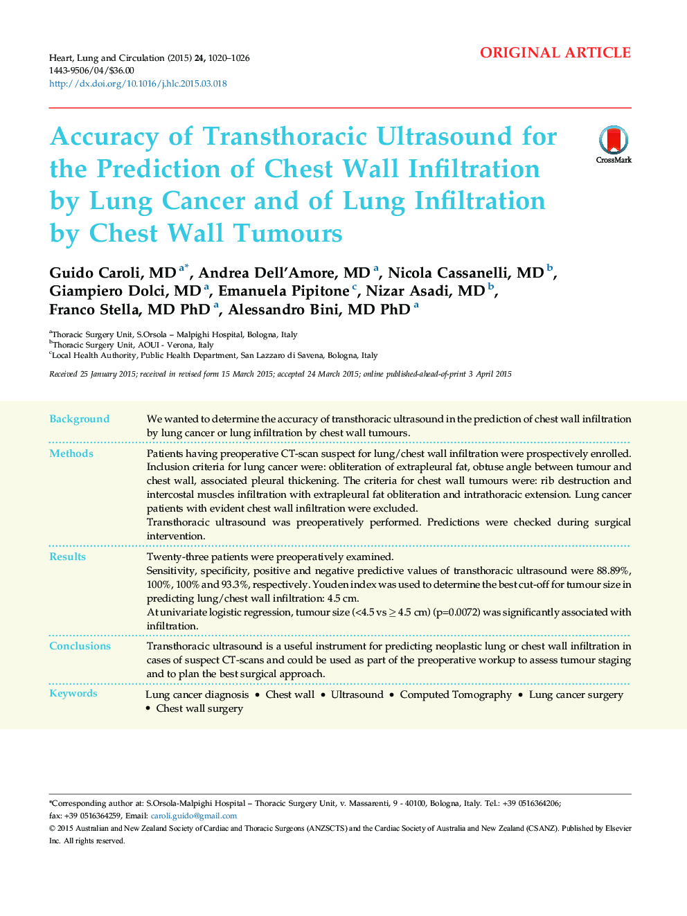 دقت سونوگرافی ترانستوراتیک برای پیش بینی نفوذ دیواره قفسه سینه توسط سرطان ریه و نفوذ ریه توسط تومورهای دیواره قفسه سینه 
