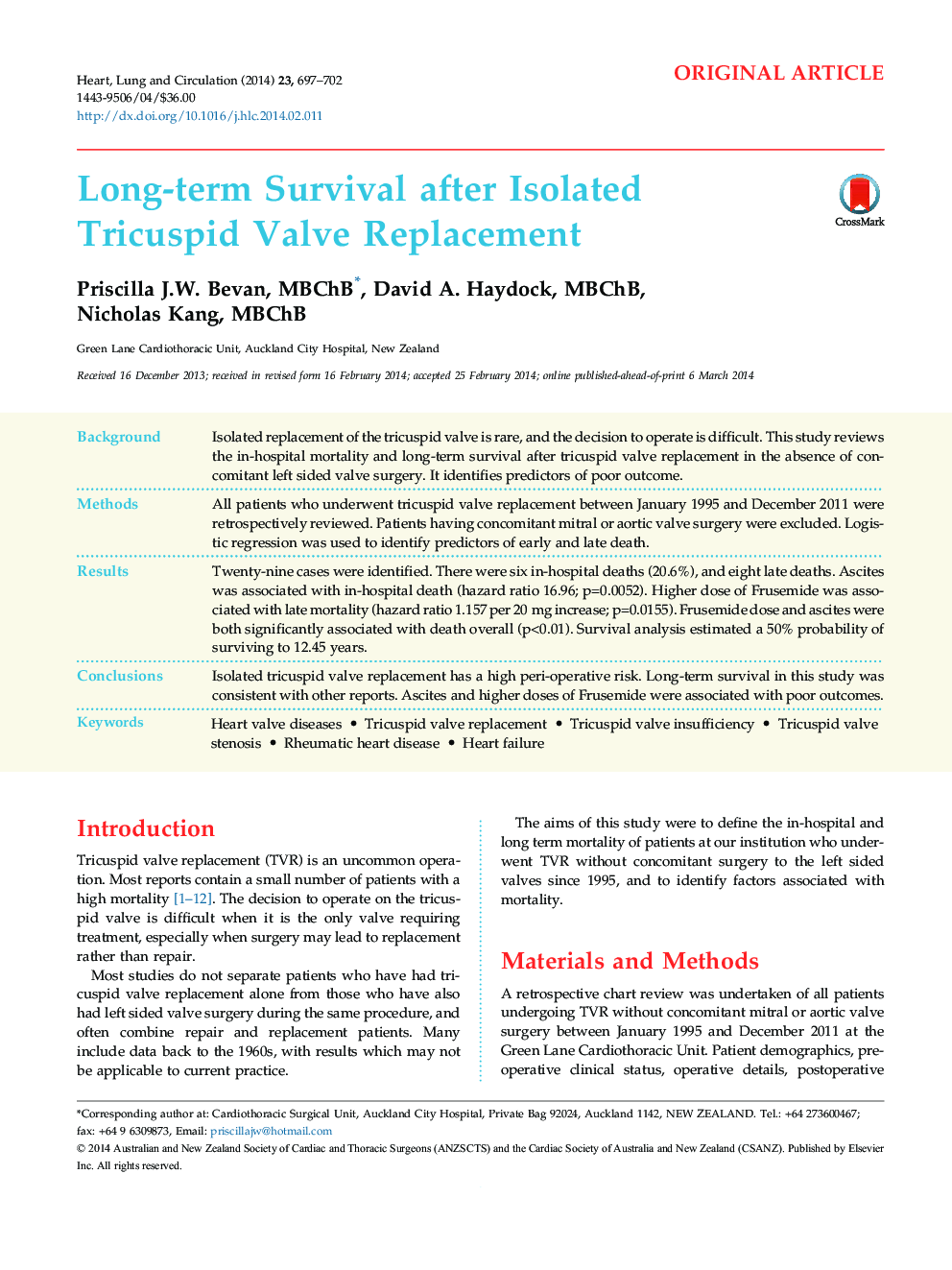 Long-term Survival after Isolated Tricuspid Valve Replacement