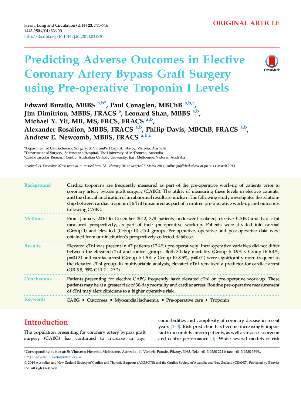 Predicting Adverse Outcomes in Elective Coronary Artery Bypass Graft Surgery using Pre-operative Troponin I Levels