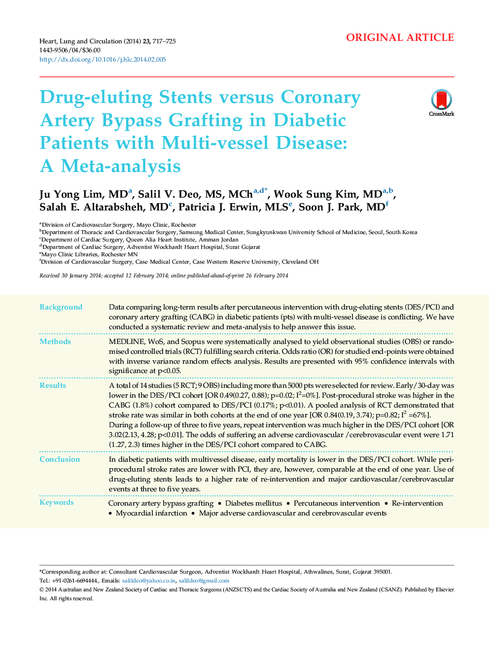 Drug-eluting Stents versus Coronary Artery Bypass Grafting in Diabetic Patients with Multi-vessel Disease: A Meta-analysis