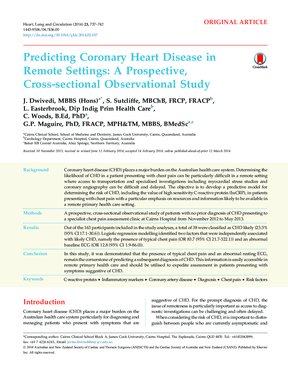 Predicting Coronary Heart Disease in Remote Settings: A Prospective, Cross-sectional Observational Study