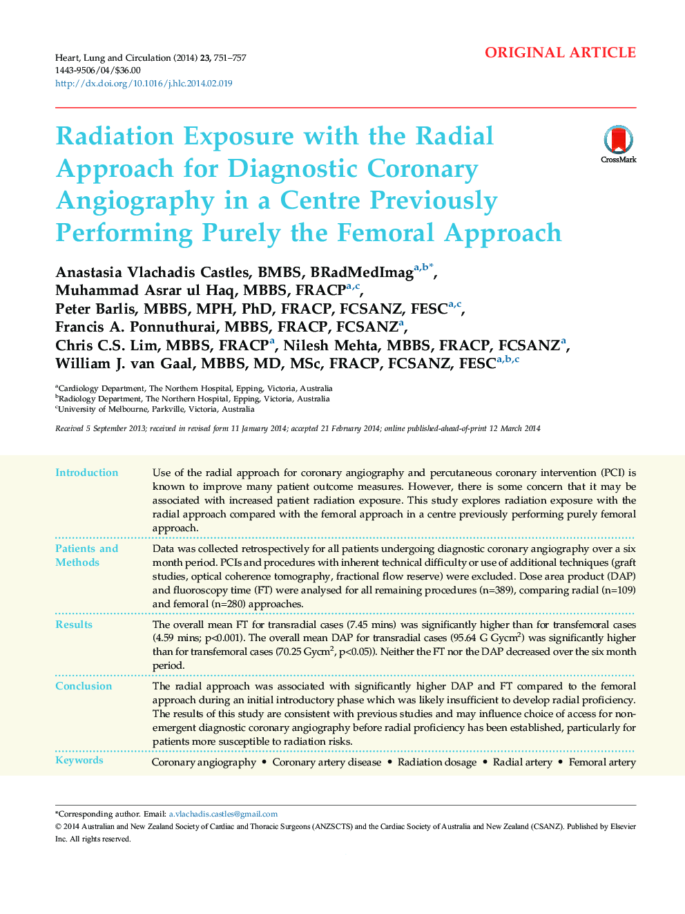 Radiation Exposure with the Radial Approach for Diagnostic Coronary Angiography in a Centre Previously Performing Purely the Femoral Approach