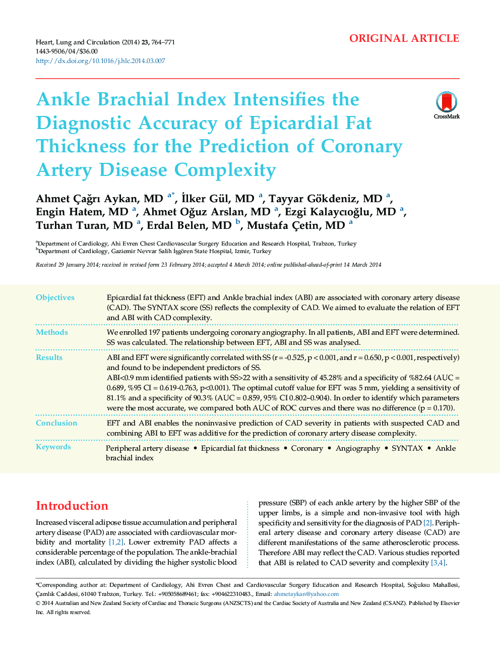Ankle Brachial Index Intensifies the Diagnostic Accuracy of Epicardial Fat Thickness for the Prediction of Coronary Artery Disease Complexity