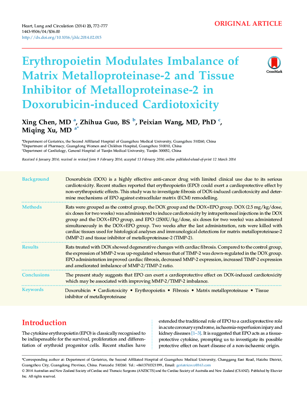 Erythropoietin Modulates Imbalance of Matrix Metalloproteinase-2 and Tissue Inhibitor of Metalloproteinase-2 in Doxorubicin-induced Cardiotoxicity