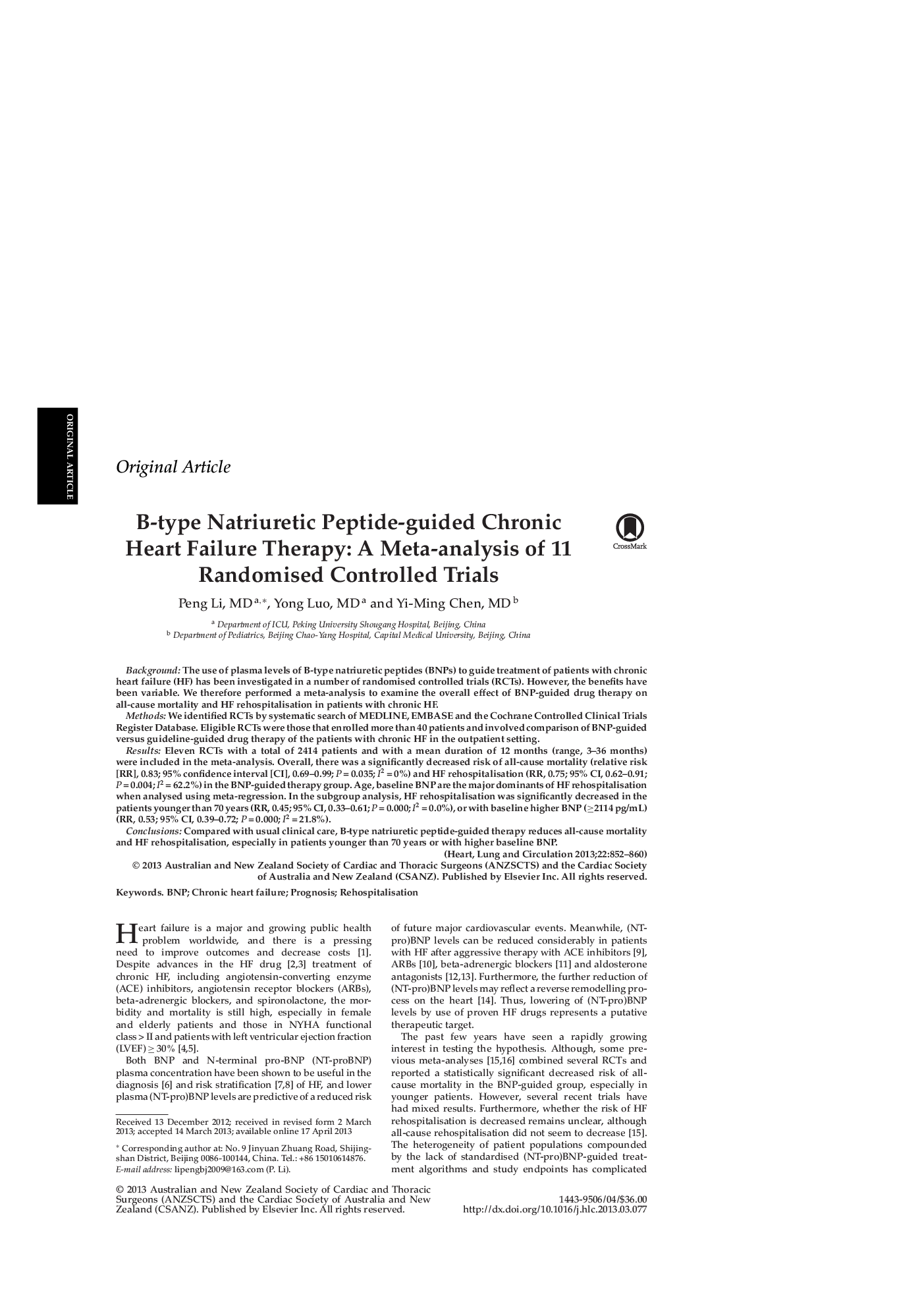 B-type Natriuretic Peptide-guided Chronic Heart Failure Therapy: A Meta-analysis of 11 Randomised Controlled Trials