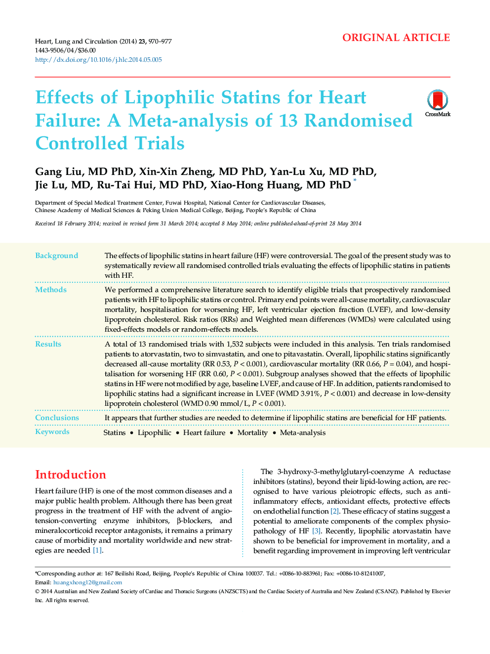 Effects of Lipophilic Statins for Heart Failure: A Meta-analysis of 13 Randomised Controlled Trials