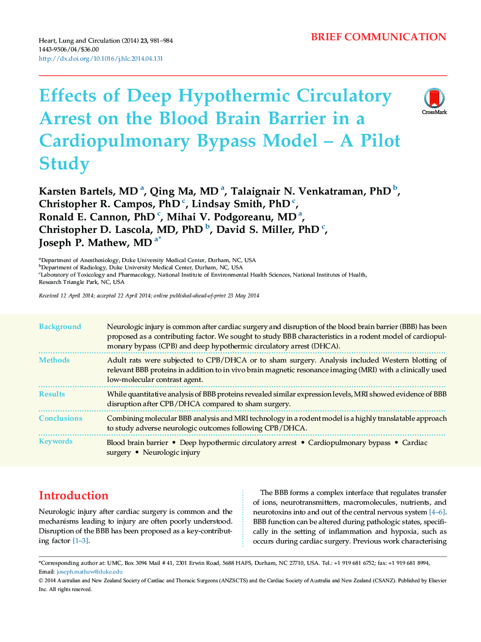 Effects of Deep Hypothermic Circulatory Arrest on the Blood Brain Barrier in a Cardiopulmonary Bypass Model – A Pilot Study