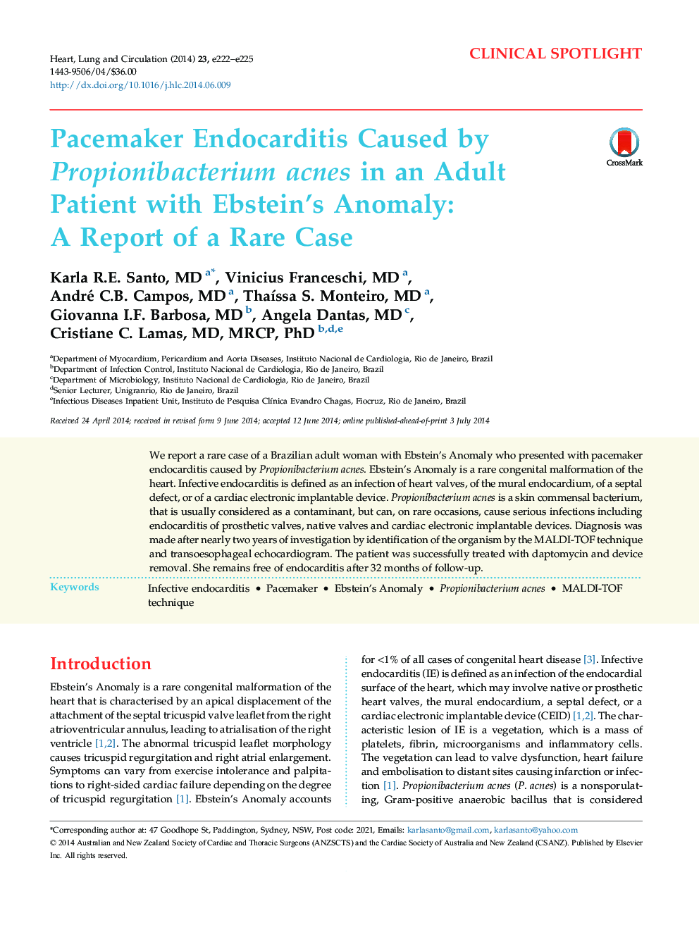 Pacemaker Endocarditis Caused by Propionibacterium acnes in an Adult Patient with Ebstein's Anomaly: A Report of a Rare Case