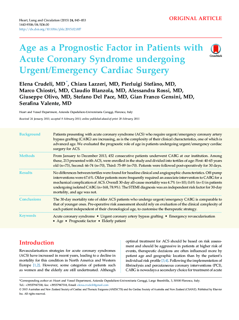 Age as a Prognostic Factor in Patients with Acute Coronary Syndrome undergoing Urgent/Emergency Cardiac Surgery