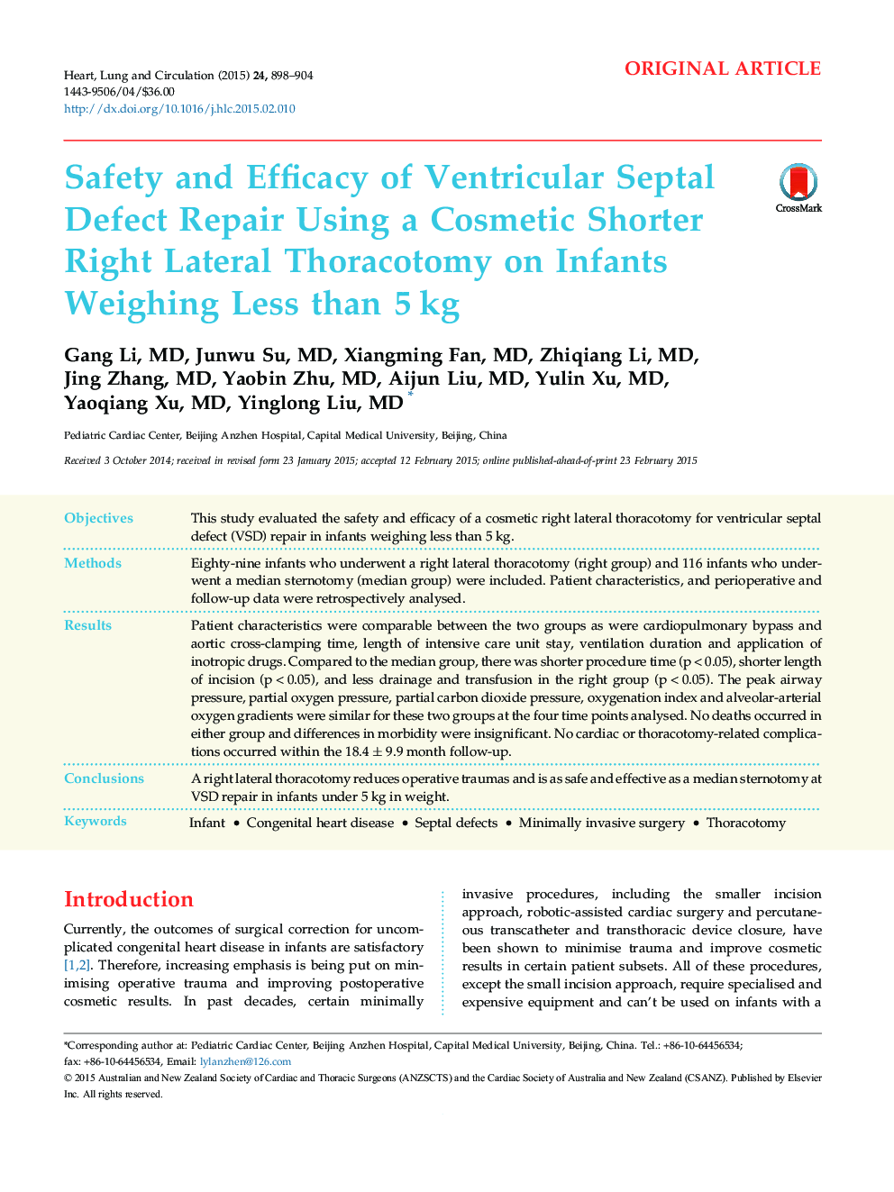 Safety and Efficacy of Ventricular Septal Defect Repair Using a Cosmetic Shorter Right Lateral Thoracotomy on Infants Weighing Less than 5 kg