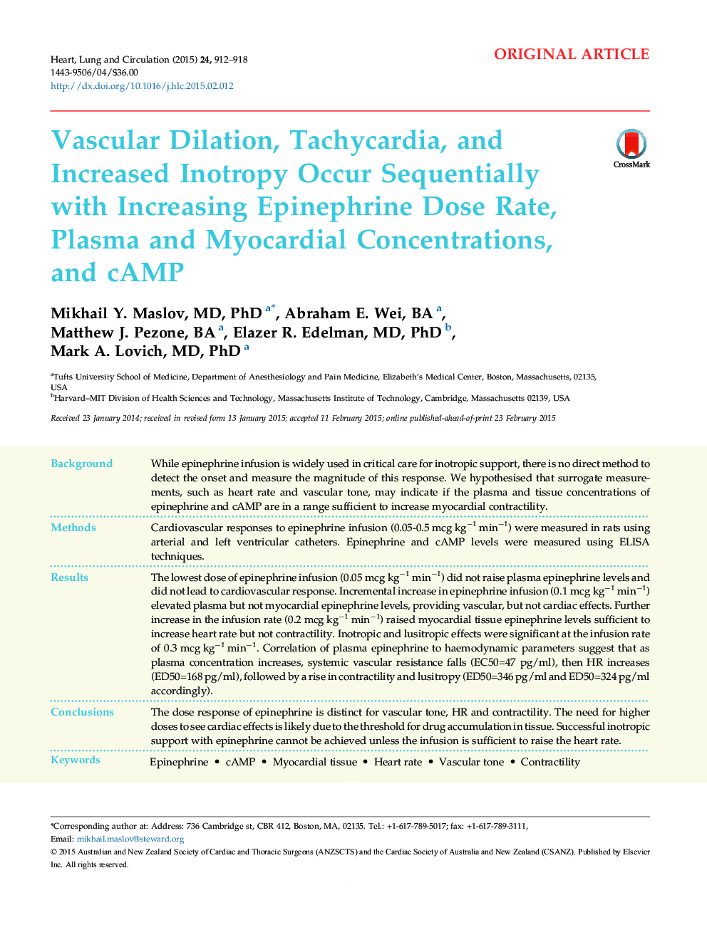 Vascular Dilation, Tachycardia, and Increased Inotropy Occur Sequentially with Increasing Epinephrine Dose Rate, Plasma and Myocardial Concentrations, and cAMP