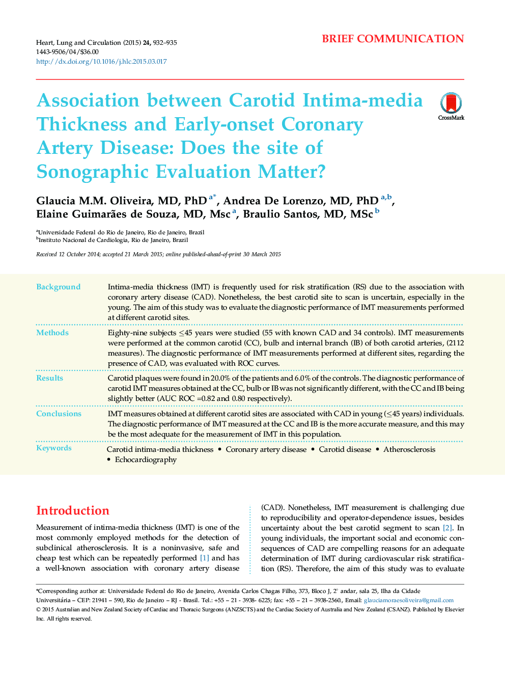 Association between Carotid Intima-media Thickness and Early-onset Coronary Artery Disease: Does the site of Sonographic Evaluation Matter?