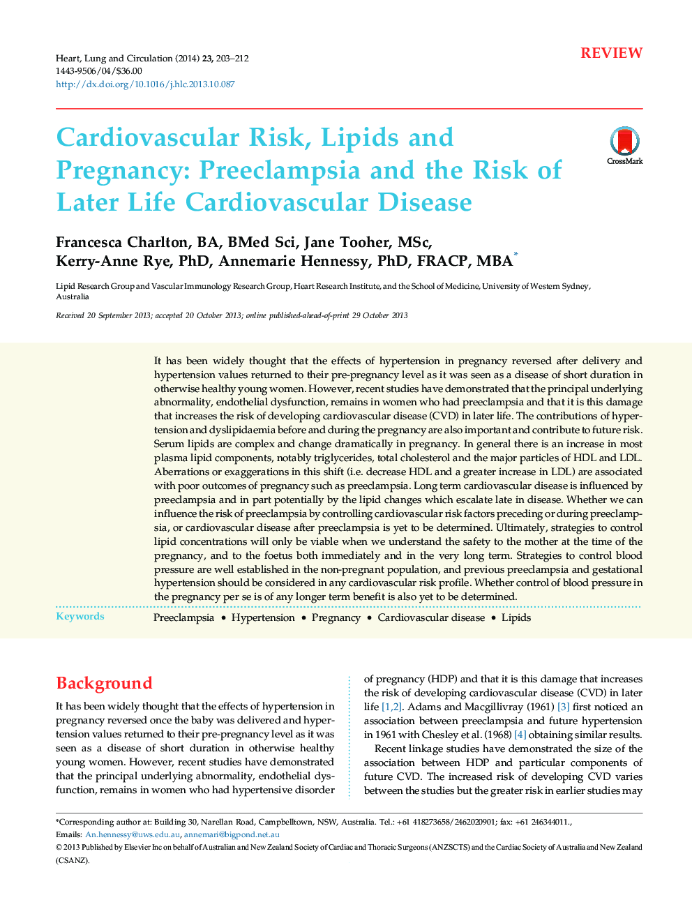 Cardiovascular Risk, Lipids and Pregnancy: Preeclampsia and the Risk of Later Life Cardiovascular Disease