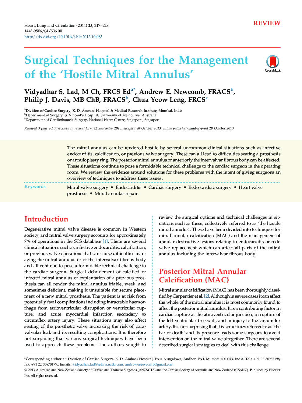 Surgical Techniques for the Management of the ‘Hostile Mitral Annulus’