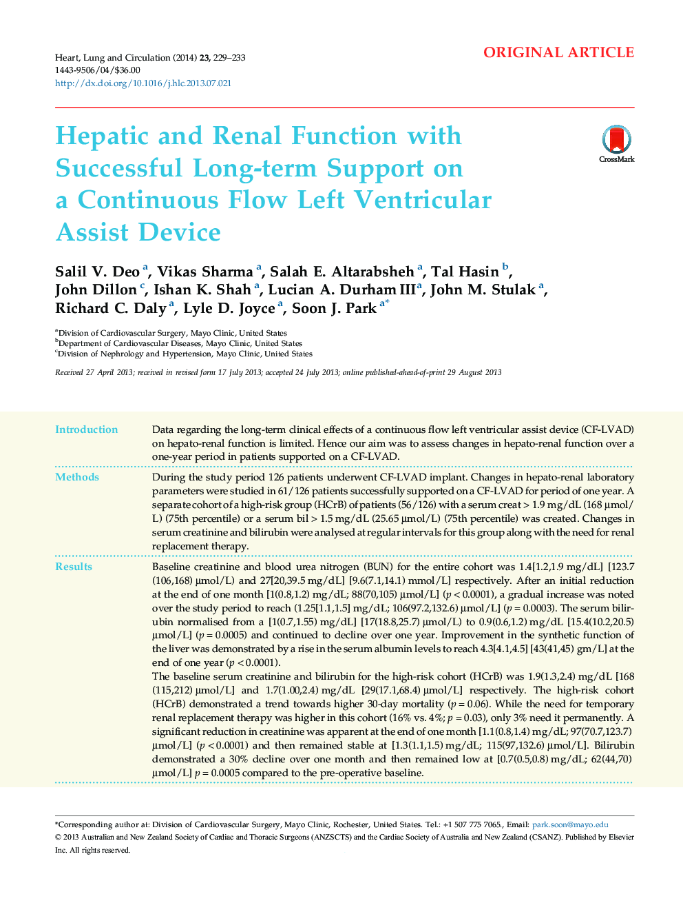 Hepatic and Renal Function with Successful Long-term Support on a Continuous Flow Left Ventricular Assist Device