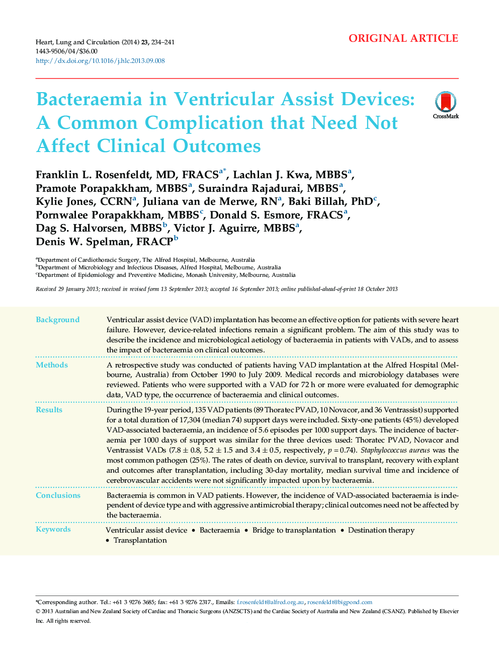 Bacteraemia in Ventricular Assist Devices: A Common Complication that Need Not Affect Clinical Outcomes