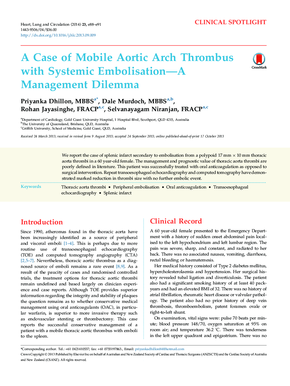 A Case of Mobile Aortic Arch Thrombus with Systemic Embolisation—A Management Dilemma