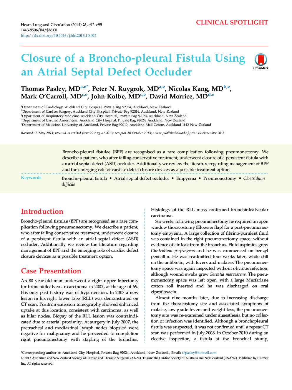 Closure of a Broncho-pleural Fistula Using an Atrial Septal Defect Occluder