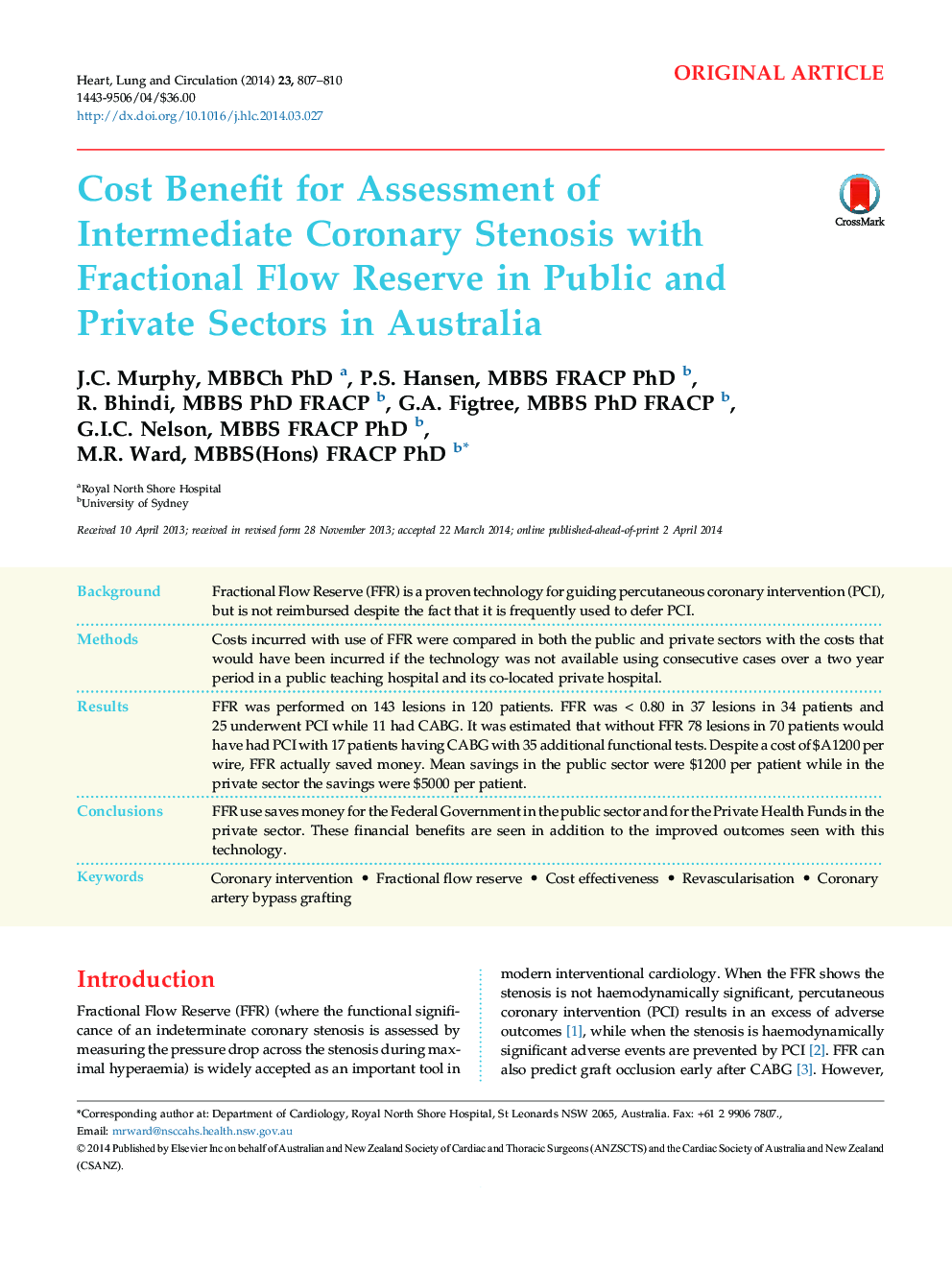 Cost Benefit for Assessment of Intermediate Coronary Stenosis with Fractional Flow Reserve in Public and Private Sectors in Australia