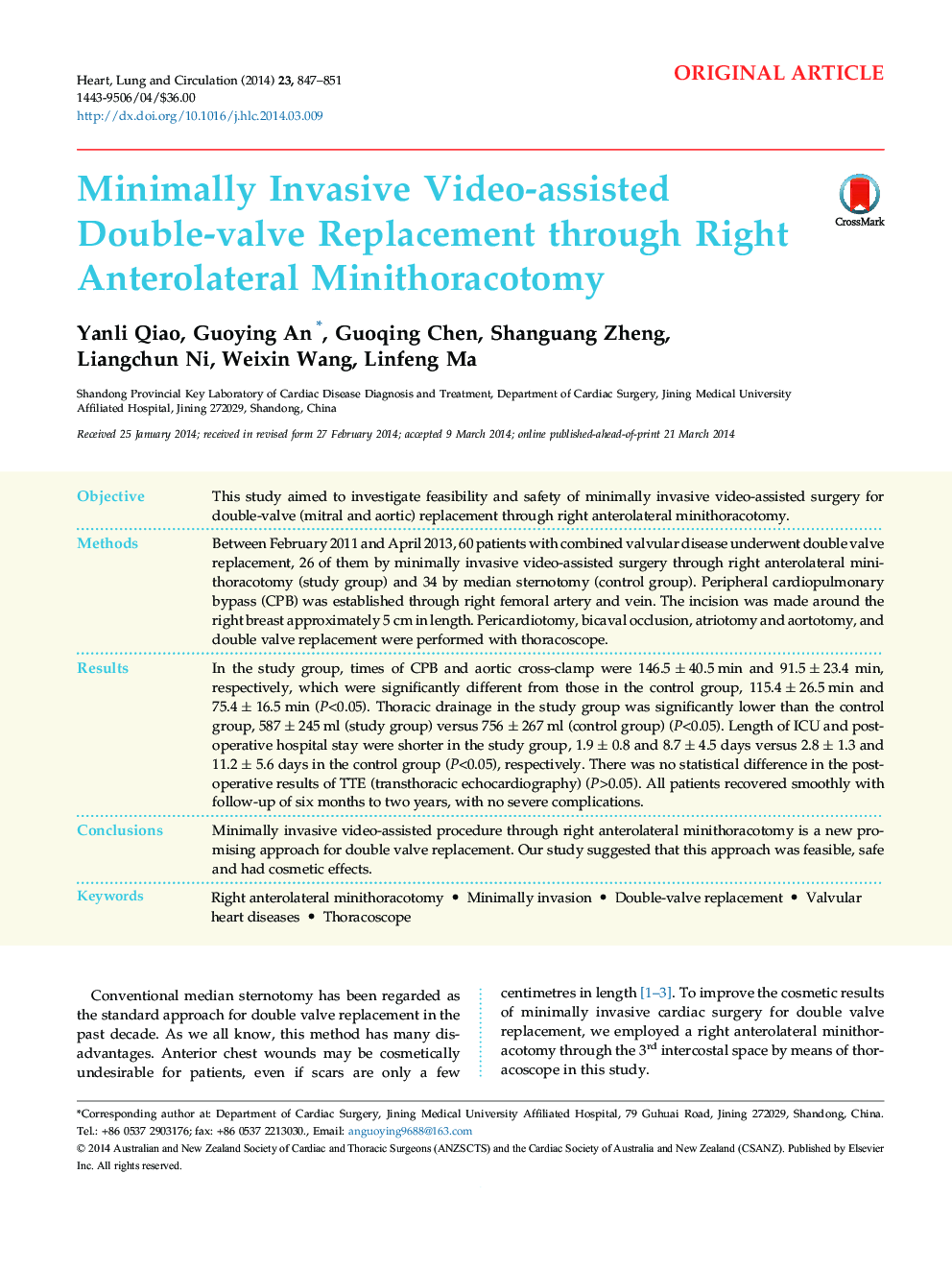Minimally Invasive Video-assisted Double-valve Replacement through Right Anterolateral Minithoracotomy