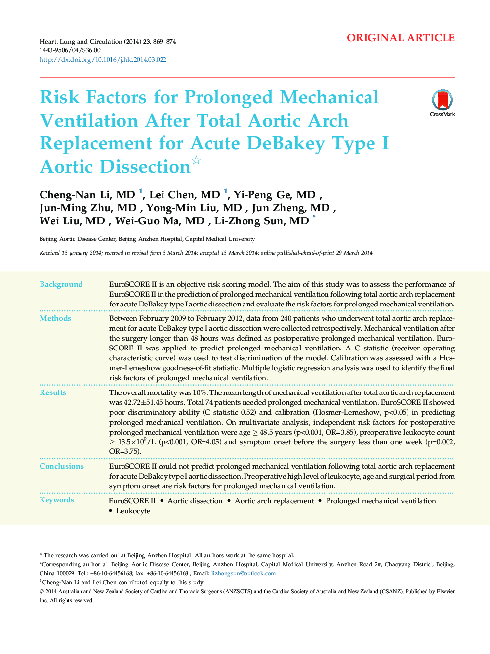 Risk Factors for Prolonged Mechanical Ventilation After Total Aortic Arch Replacement for Acute DeBakey Type I Aortic Dissection 