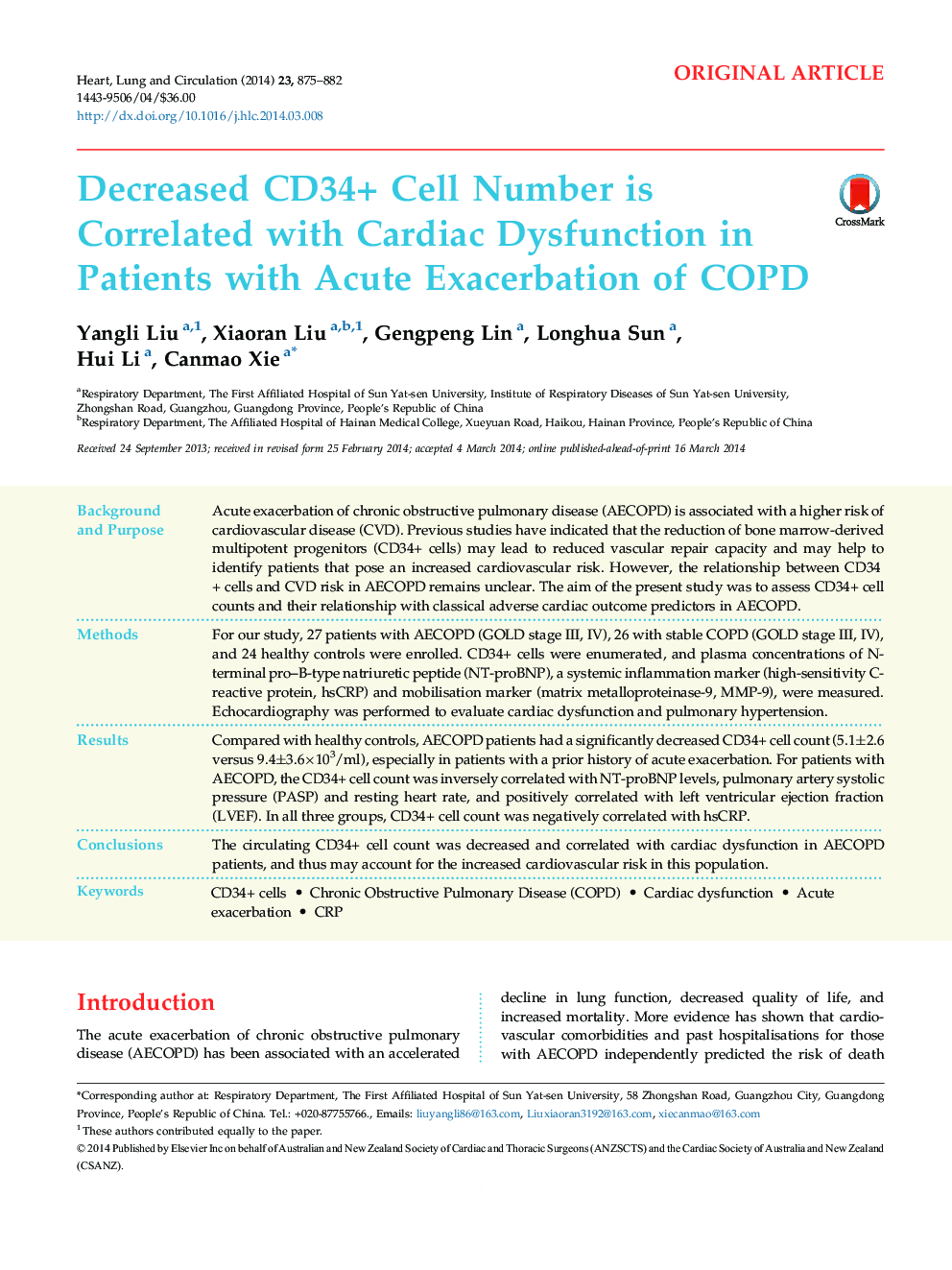 Decreased CD34+ Cell Number is Correlated with Cardiac Dysfunction in Patients with Acute Exacerbation of COPD