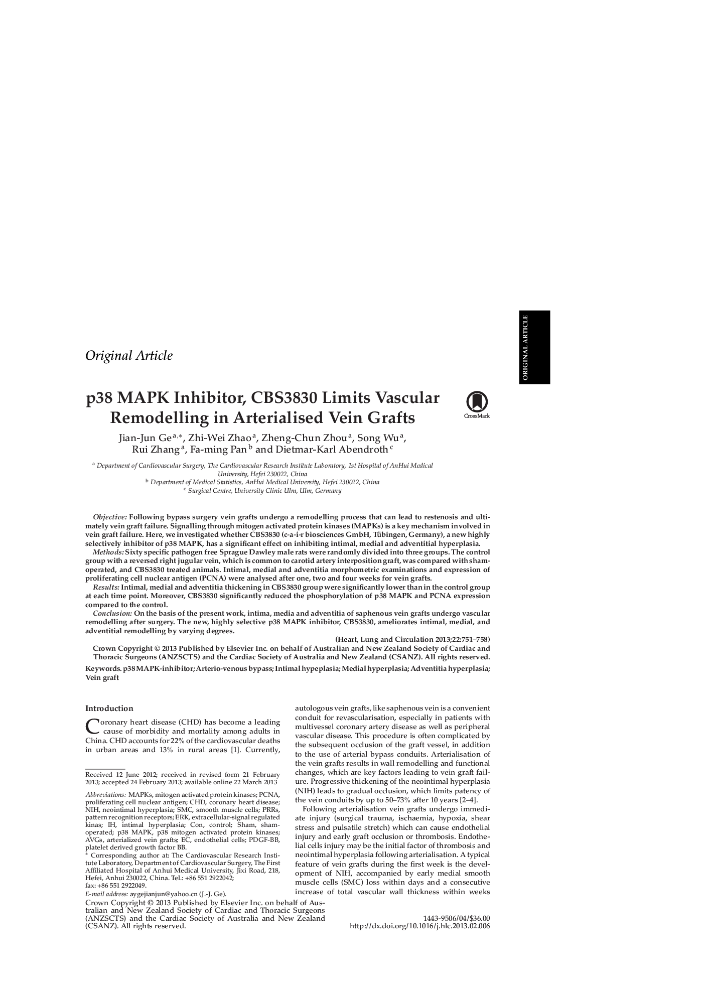 p38 MAPK Inhibitor, CBS3830 Limits Vascular Remodelling in Arterialised Vein Grafts