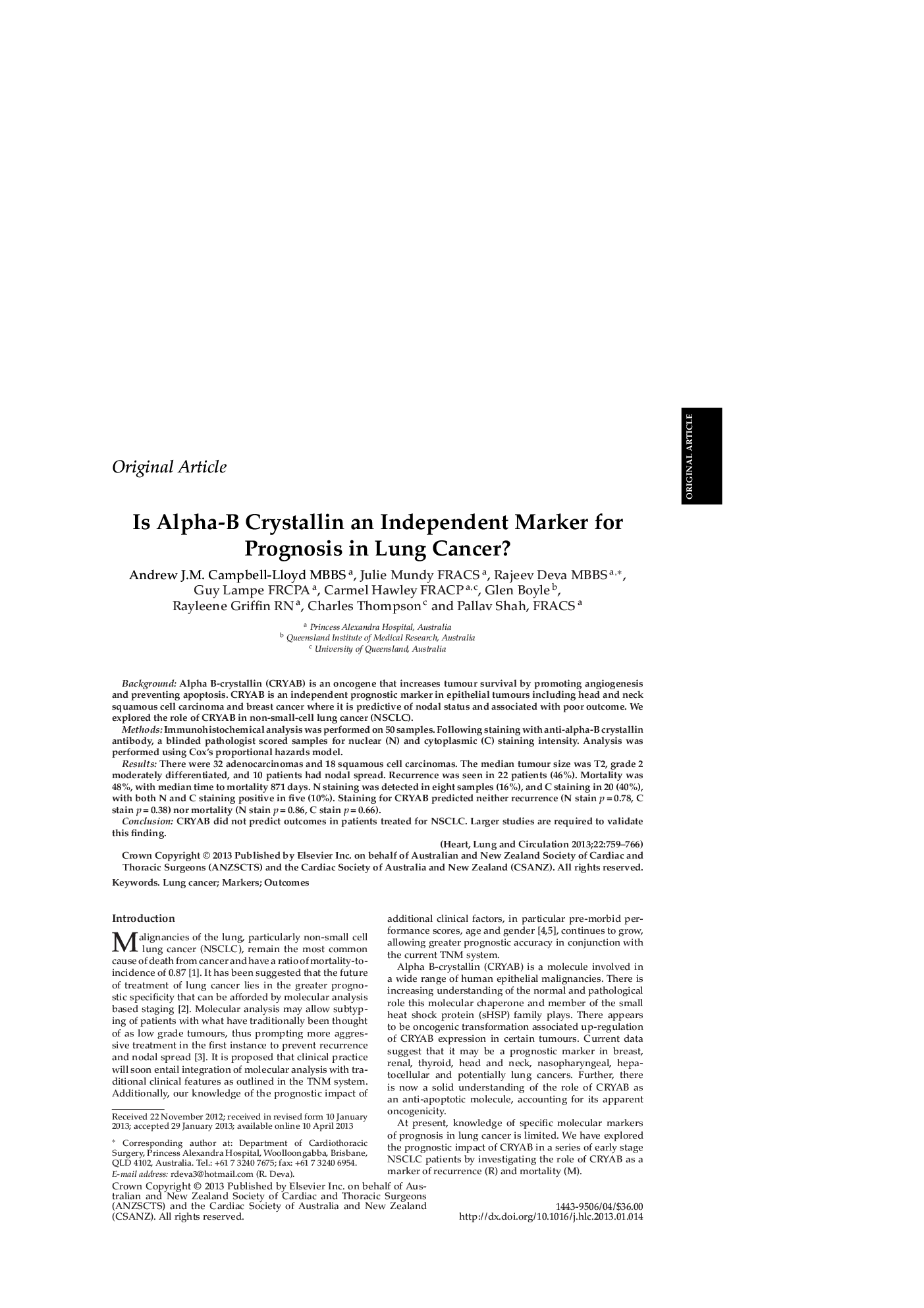 Is Alpha-B Crystallin an Independent Marker for Prognosis in Lung Cancer?