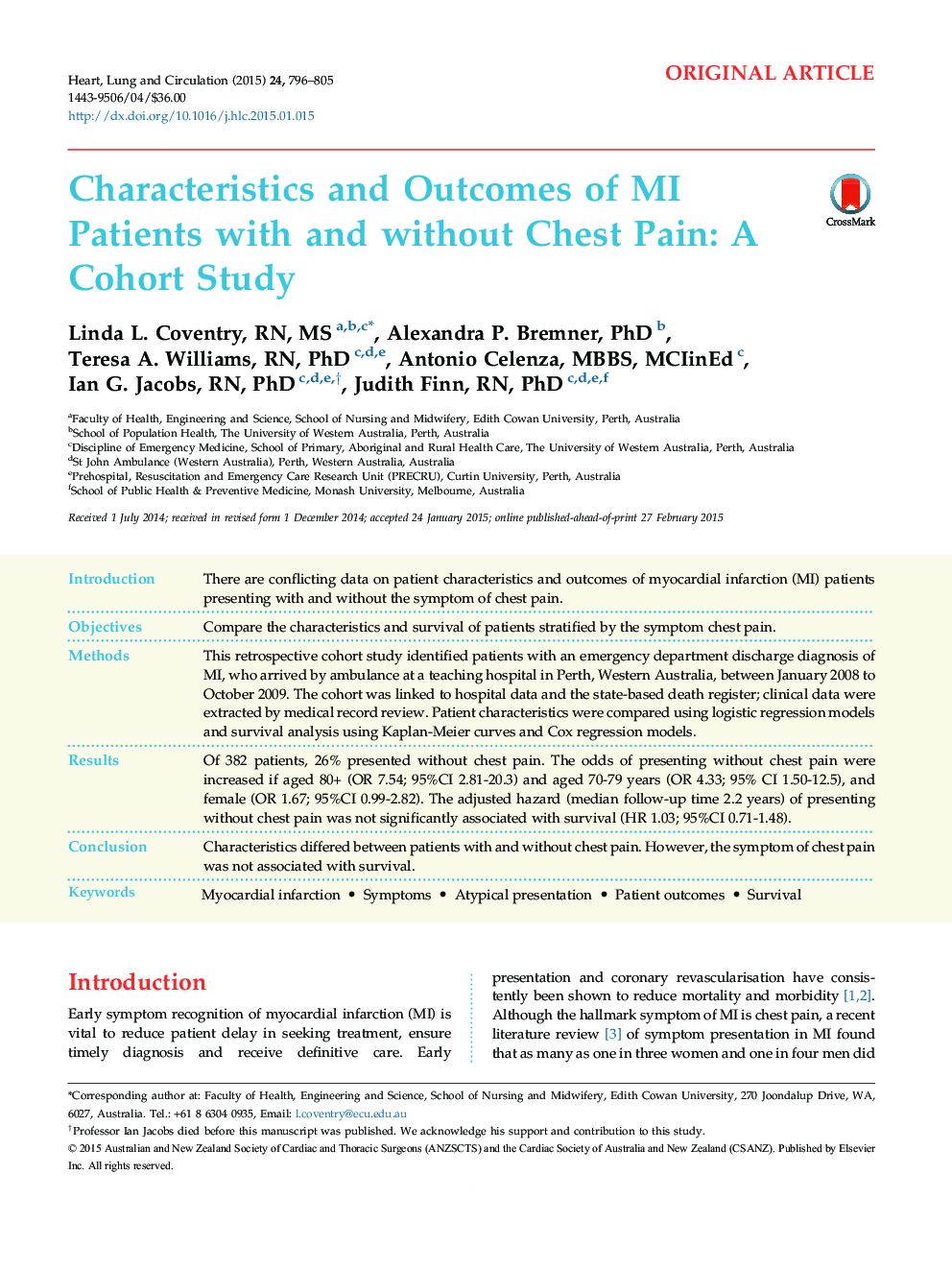 Characteristics and Outcomes of MI Patients with and without Chest Pain: A Cohort Study