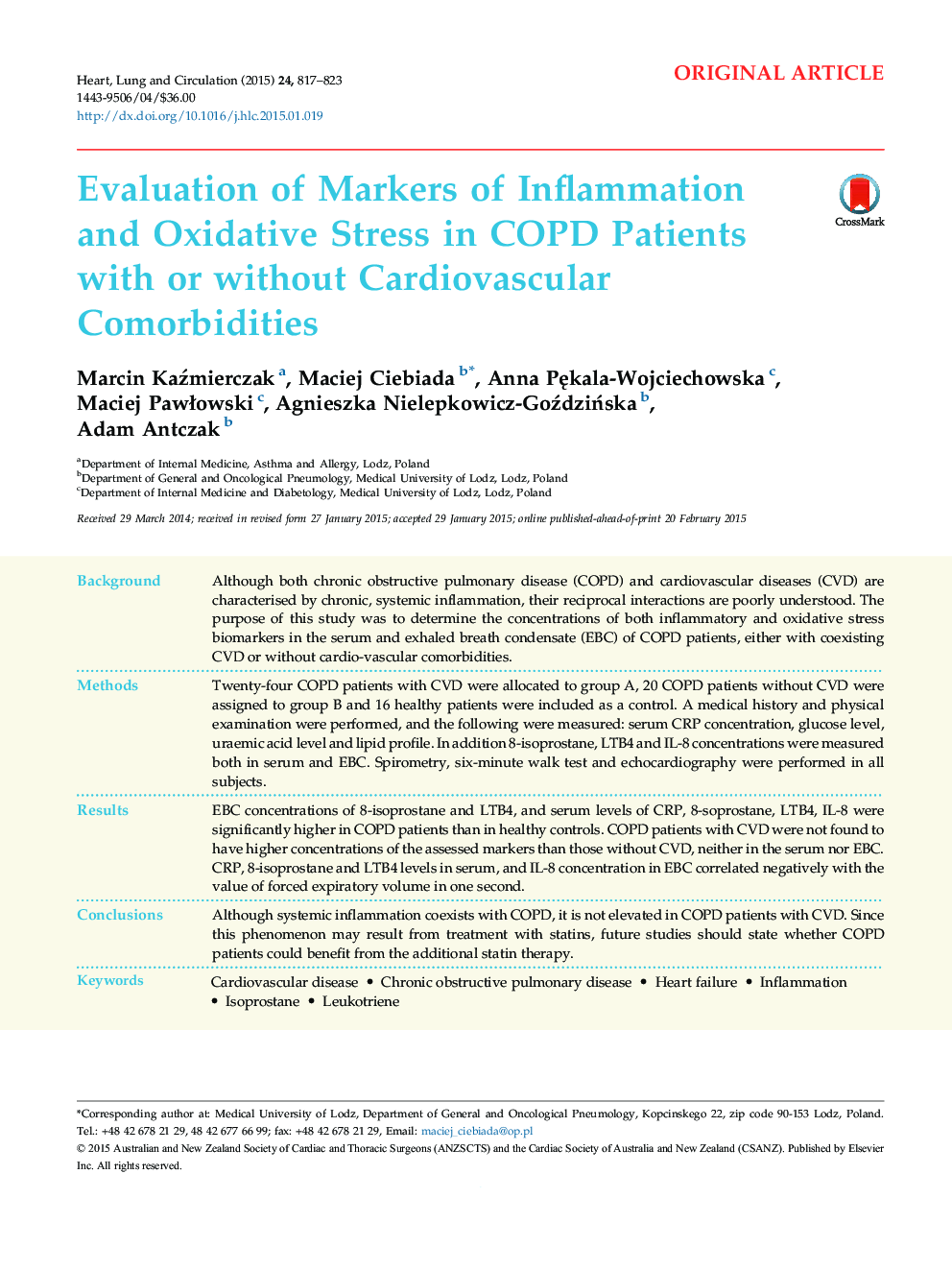 Evaluation of Markers of Inflammation and Oxidative Stress in COPD Patients with or without Cardiovascular Comorbidities