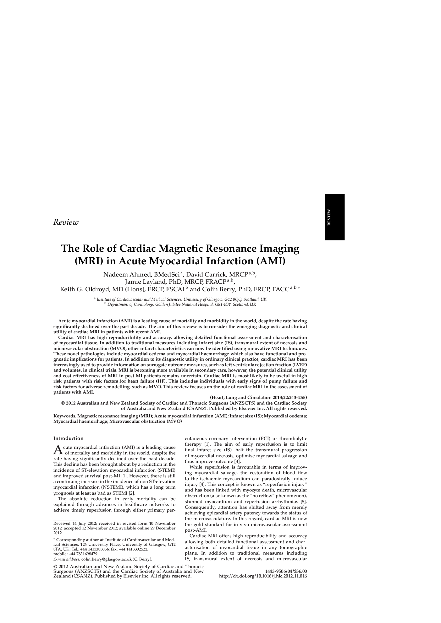 The Role of Cardiac Magnetic Resonance Imaging (MRI) in Acute Myocardial Infarction (AMI)