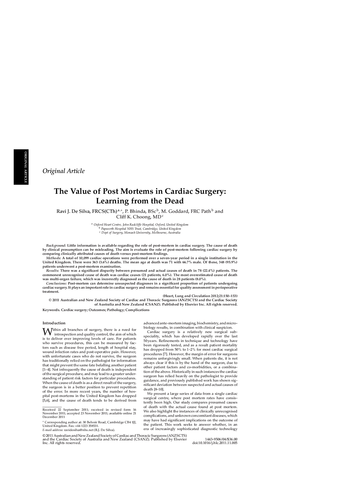 The Value of Post Mortems in Cardiac Surgery: Learning from the Dead