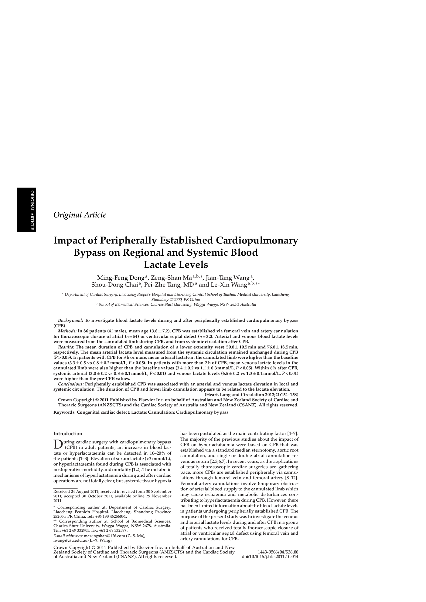 Impact of Peripherally Established Cardiopulmonary Bypass on Regional and Systemic Blood Lactate Levels