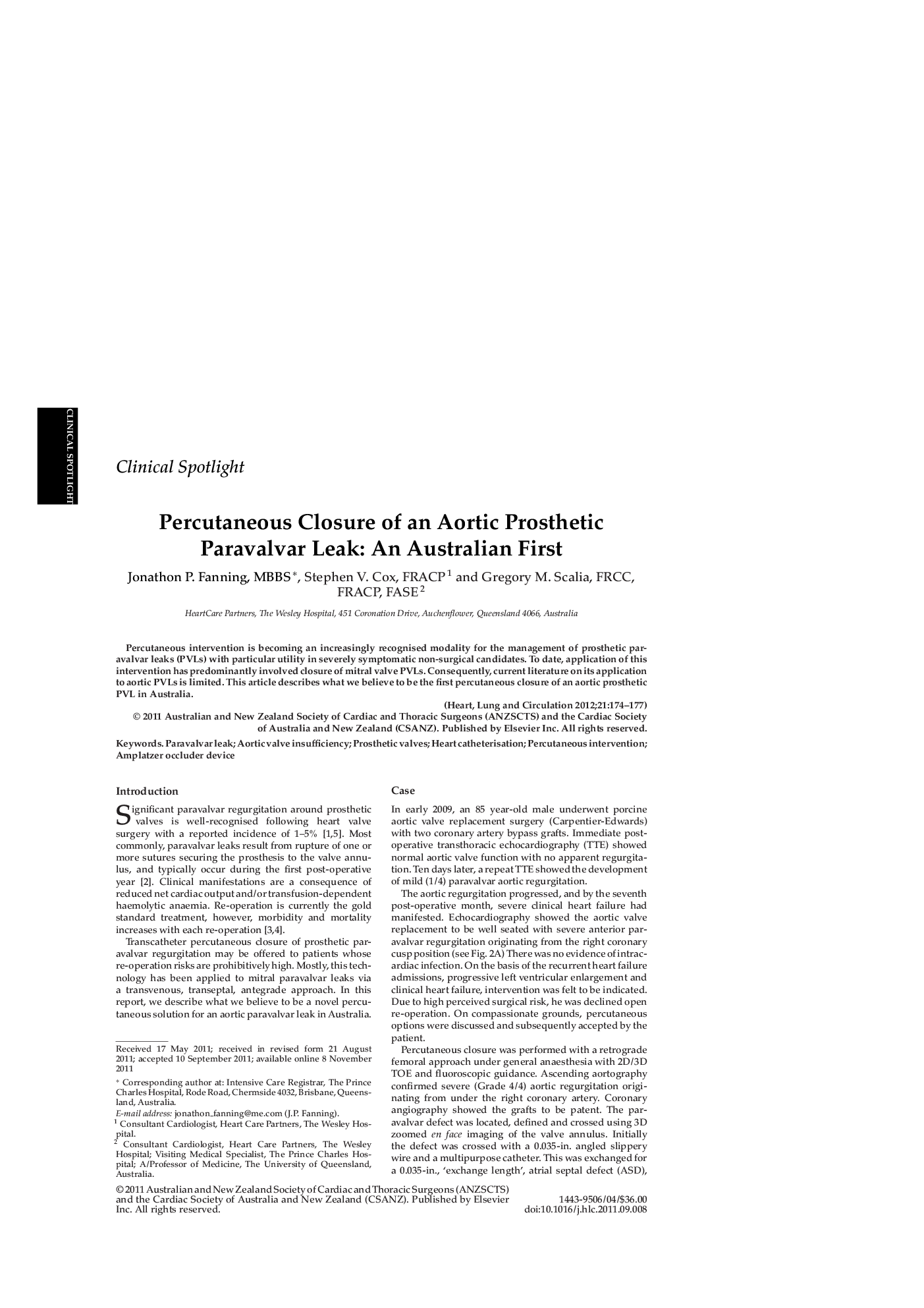 Percutaneous Closure of an Aortic Prosthetic Paravalvar Leak: An Australian First