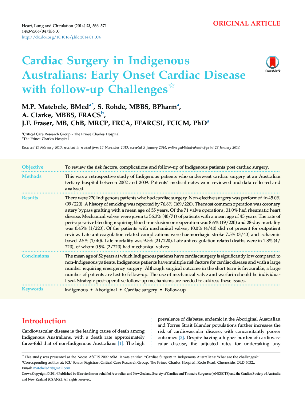 Cardiac Surgery in Indigenous Australians: Early Onset Cardiac Disease with follow-up Challenges 