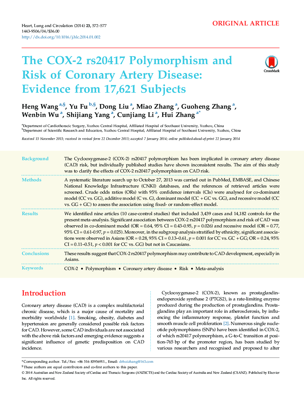 The COX-2 rs20417 Polymorphism and Risk of Coronary Artery Disease: Evidence from 17,621 Subjects