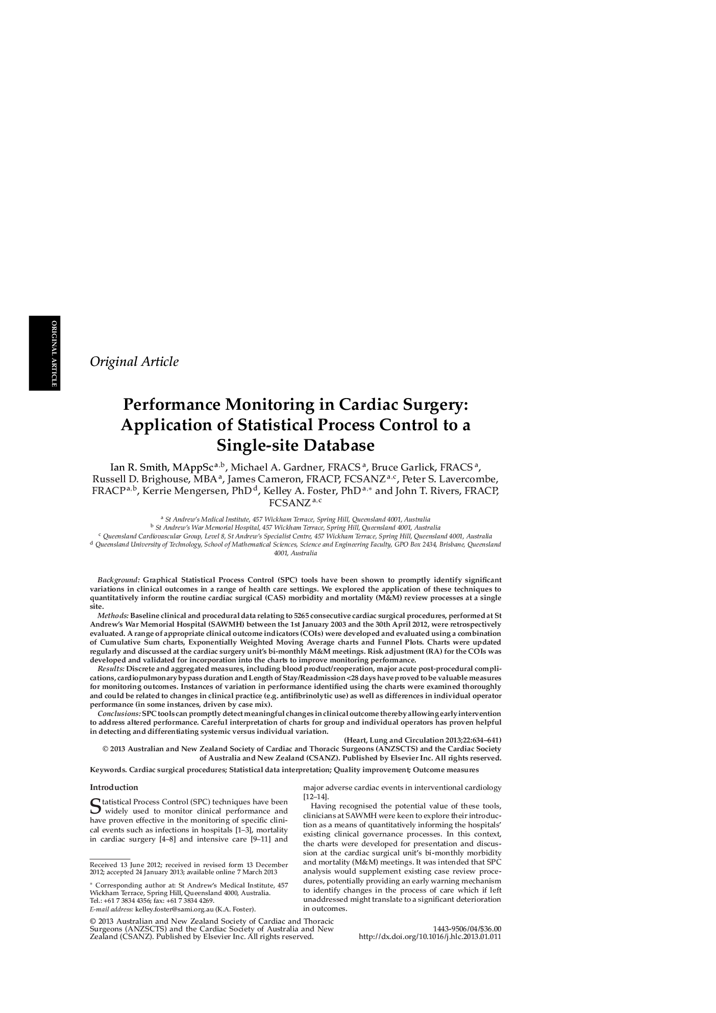 Performance Monitoring in Cardiac Surgery: Application of Statistical Process Control to a Single-site Database