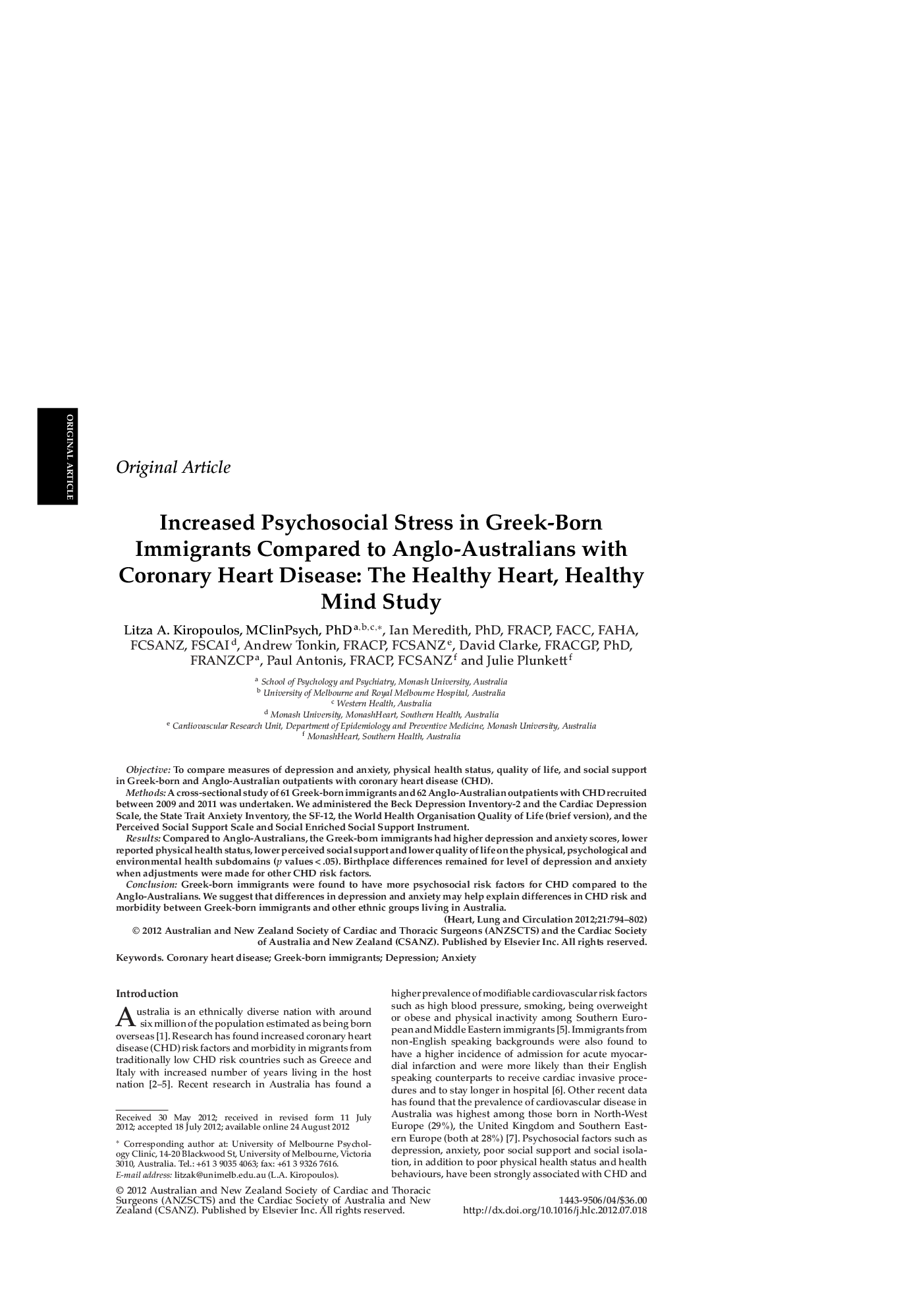 Increased Psychosocial Stress in Greek-Born Immigrants Compared to Anglo-Australians with Coronary Heart Disease: The Healthy Heart, Healthy Mind Study