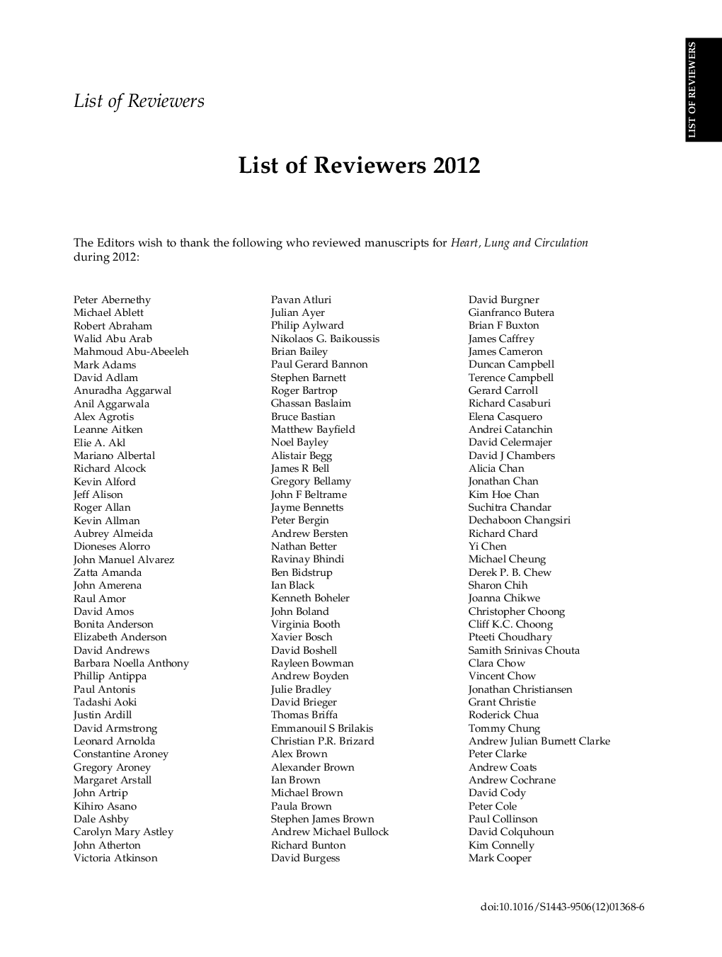 List of Reviewers for 2012