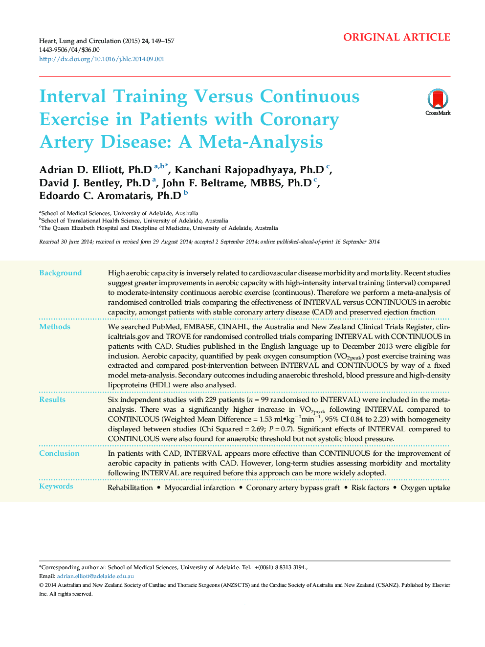 Interval Training Versus Continuous Exercise in Patients with Coronary Artery Disease: A Meta-Analysis